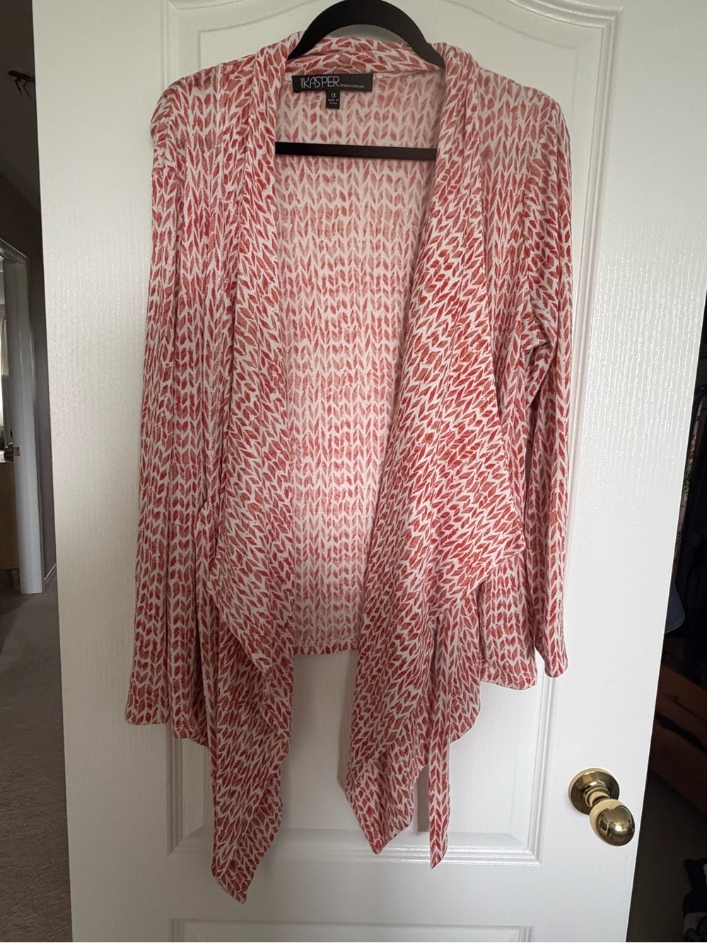 Kasper Coral and White Waterfall Open-Front Cardigan